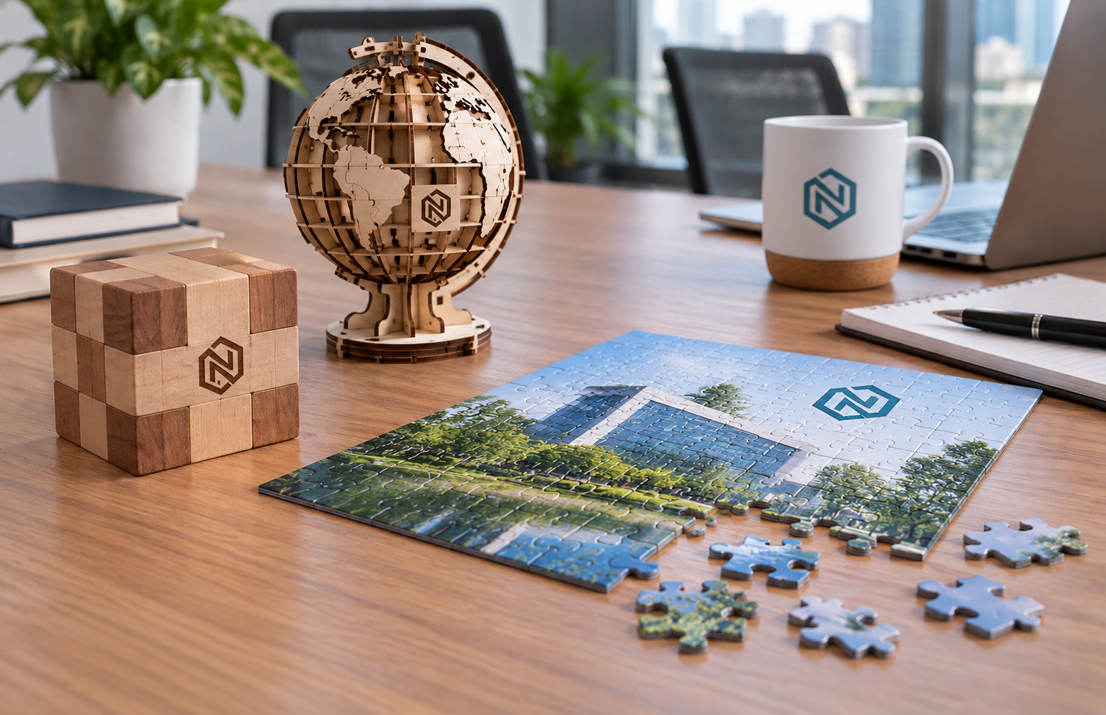 Personalisiertes Firmenpuzzle und Holzpuzzles auf einem Bürotisch