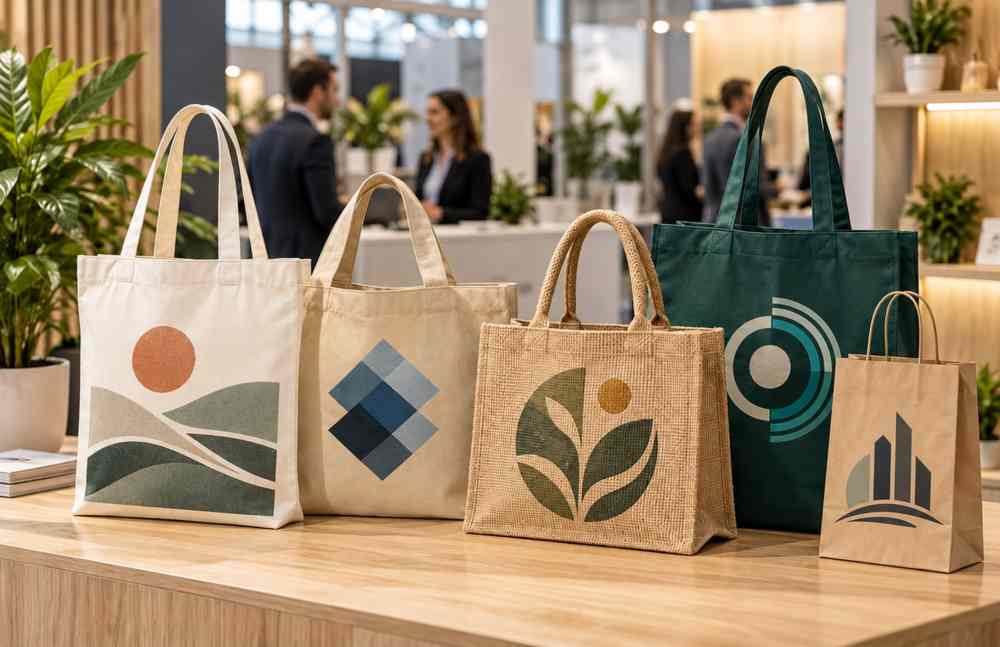Fünf Stoff-, Jute- und Papiertaschen mit unterschiedlichen Firmenlogos und Druckmotiven an einem Messestand