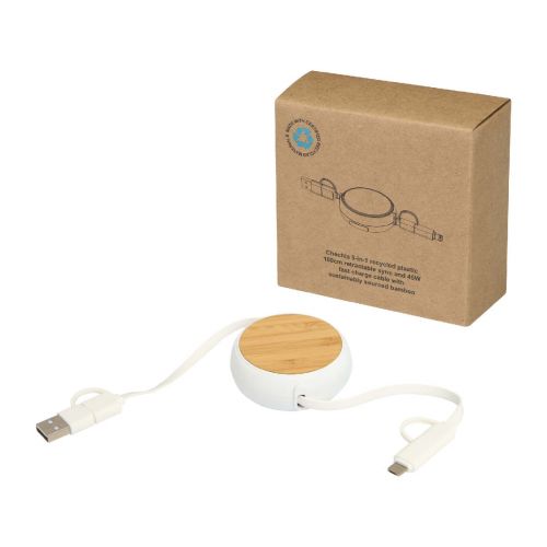 W - Chechia 100cm 5-in-1 Kabel aus recyceltem Kunststoff, einziehbar, für Datenübertragung und 45 Schnellladung mit Bambusdetail