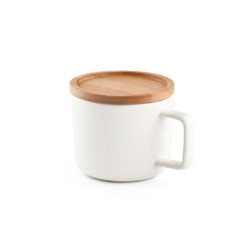 FANGIO - Tasse aus Keramik 220ml mit Deckel aus Bambus, der als Untersetzer dient