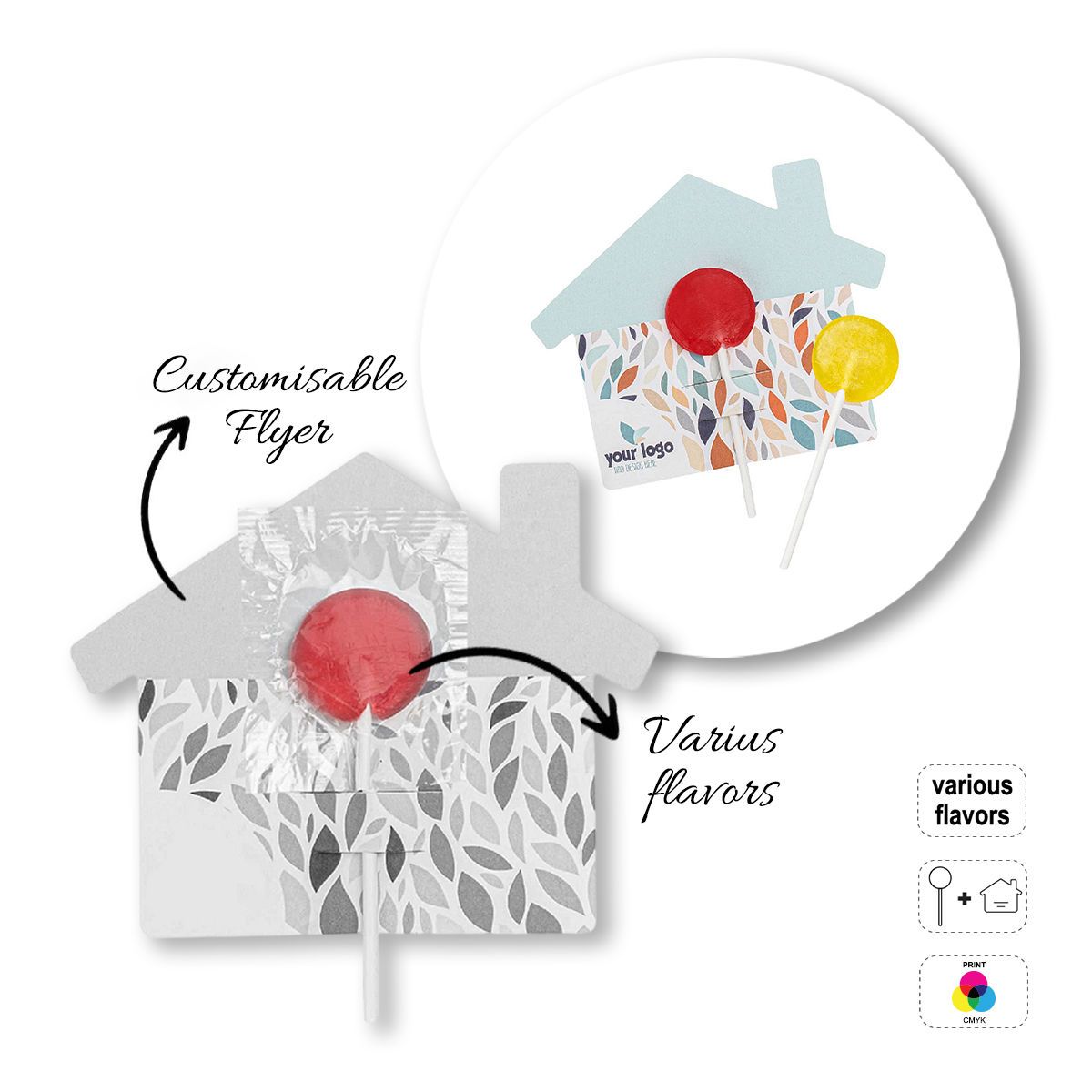 LOLLY FLYER - flacher Lutscher mit Flugblatt, 131x131x124 mm | GL810501B