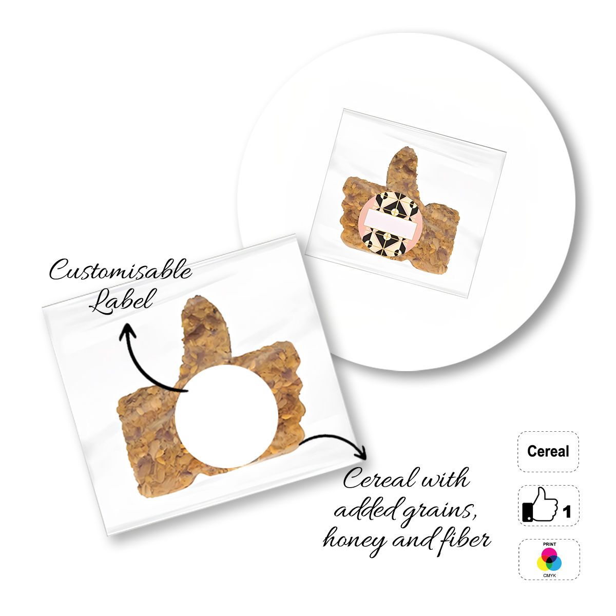 CEREAL4MAT - Müsliriegel, verschiedene Formen, 77x72 mm (etichetta diametro 40mm) | GL811103A