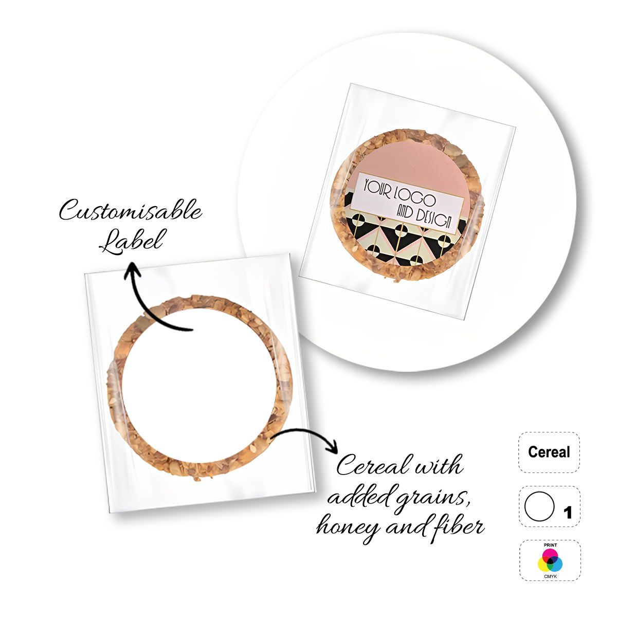 CEREAL4MAT - Müsliriegel, verschiedene Formen, 65x65 mm (etichetta diametro 50mm) | GL811103C