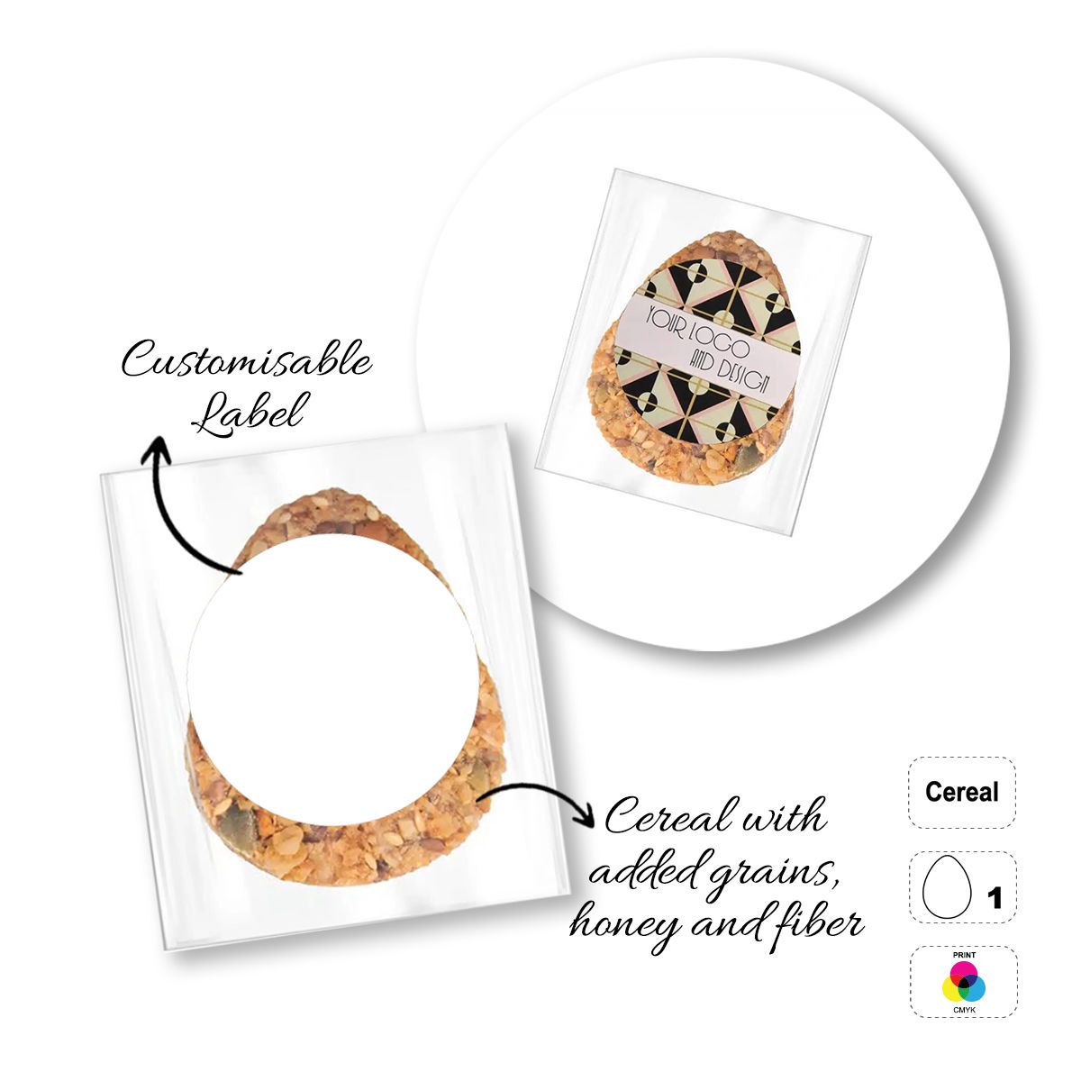 CEREAL4MAT - Müsliriegel, verschiedene Formen, 55x70 mm (etichetta diametro 40mm) | GL811103D