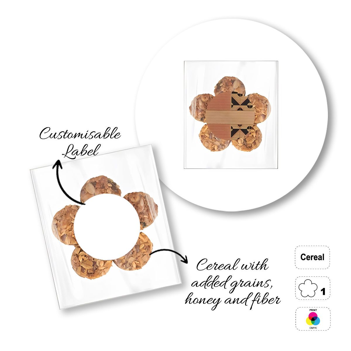 CEREAL4MAT - Müsliriegel, verschiedene Formen, 64x64 mm (etichetta diametro 40mm) | GL811103E