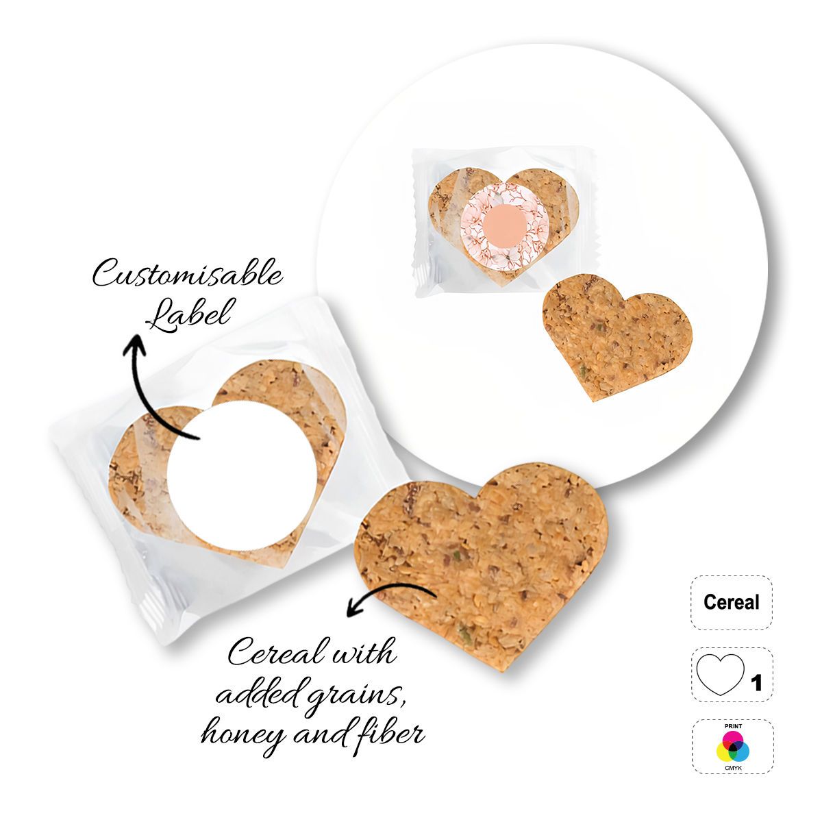 CEREAL4MAT - Müsliriegel, verschiedene Formen, 80x60 mm (etichetta diametro 40mm) | GL811103F