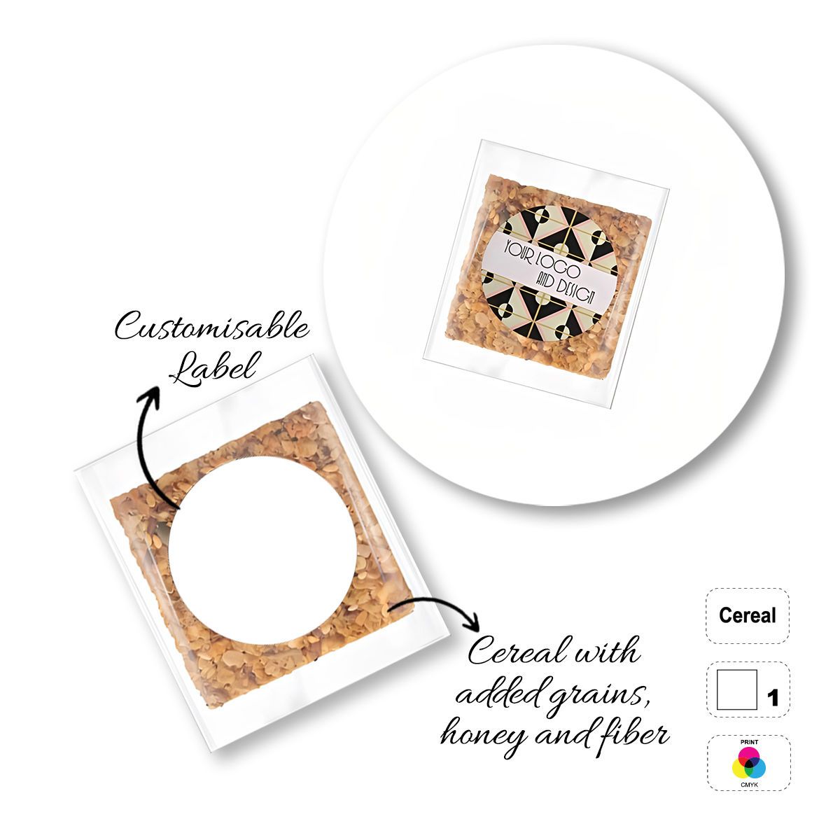 CEREAL4MAT - Müsliriegel, verschiedene Formen, 65x65 mm (etichetta diametro 50mm) | GL811103G