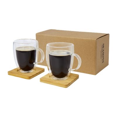 MANTI - 2-teiliger 350 ml doppelwandiger Glasbecher mit Bambusuntersetzer