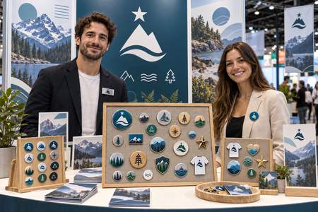 Messestand mit zwei Personen, unterschiedlichen Firmen-Namensschildern und einer Auswahl personalisierter Anstecker