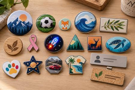 Anstecker, Pins und Namensschilder in verschiedenen Formen und Farben mit Sport-, Natur-, Meeres-, Berg- und Weltraummotiven