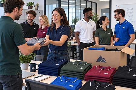 Mitarbeiter erhalten bedruckte Poloshirts im Unternehmen
