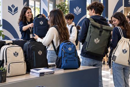 Bedruckte Rucksaecke beim Universitaetstag der offenen Tuer