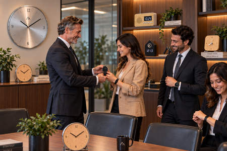 Personalisierte Uhren in einem modernen Büro mit Armbanduhren als Geschenk für Mitarbeitende