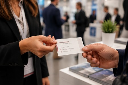 Übergabe personalisierter Visitenkarten auf einer Messe
