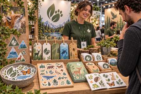 Aufkleber bedrucken: Etiketten und Aufkleber mit Naturmotiven an einem Messestand