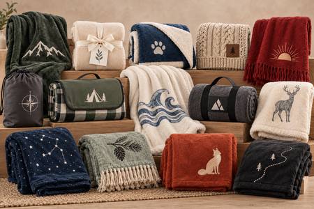 Vergleich verschiedener Deckenmodelle aus Fleece, Sherpa und Strick in unterschiedlichen Farben und Formaten