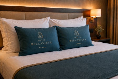 Personalisierte Hotel-Bellavista-Kissen auf einem Hotelbett