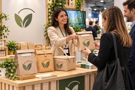 Personalisierte Kühltaschen aus Öko Materialien mit demselben Logo werden an einem Messestand verteilt.