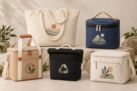 Fünf Modelle personalisierter Kühltaschen aus Öko Materialien mit unterschiedlichen Farben und Aufdrucken.