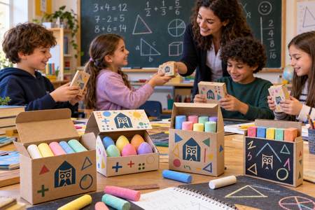 Kinder erhalten personalisierte Malkreide im Mathekurs am Nachmittag.