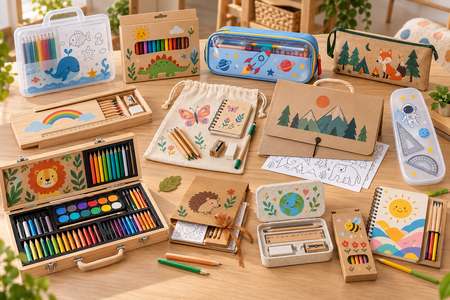 Unterschiedliche Personalisierte Malsets und Materialien mit bunten Kindermotiven