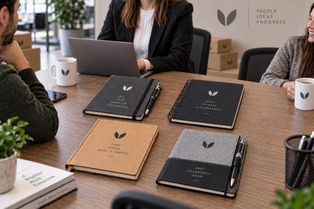 Personalisierte Notizbücher und Notizblöcke auf einem Schreibtisch im Büro