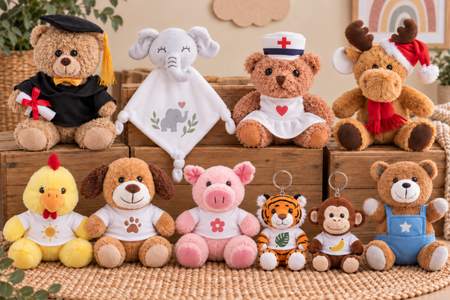 Verschiedene personalisierte Kuscheltiere mit unterschiedlichen Tiermotiven und Veredelungen