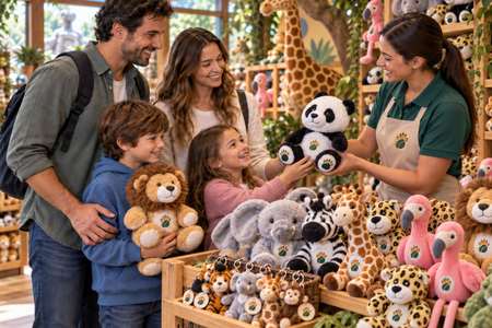 Familie wählt personalisierte Kuscheltiere im Souvenirshop eines Zoos aus