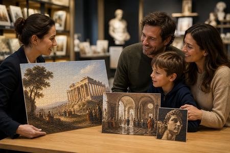 Familie im Museum mit personalisierten Puzzles von Kunstwerken und Monumenten