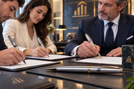 Personalisierte Rollerball-Stifte beim Unterschreiben von Dokumenten in einer Bank
