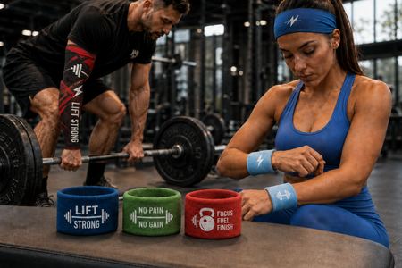 Sportler im Fitnessstudio mit personalisierten Schweißbändern, Stirnband und Armstulpe