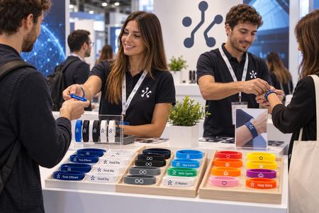 Personalisierte Silikonarmbänder an einem Tech-Messestand