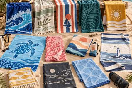 Personalisierte Strandtücher in verschiedenen Farben und Formaten, mit Mustern, Fransen und Taschen.