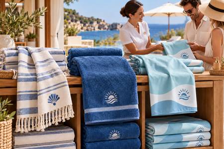 Eine Resortmitarbeiterin zeigt Gästen drei verschiedene personalisierte Strandtücher.