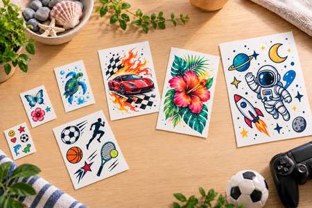 Personalisierte Tattoos in verschiedenen Größen mit Sport-, Auto-, Blumen- und Astronautenmotiven