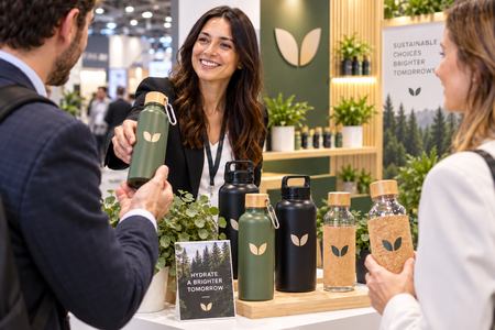 Personalisierte Trinkflaschen werden auf einer Messe an Besucher verteilt
