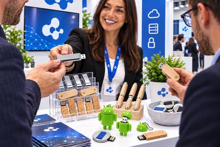 Personalisierte USB-Sticks an einem Messestand