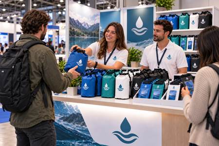 Messestand mit personalisierten wasserdichten Taschen für die Besucher.