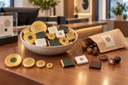 Bedruckte Schokolade in verschiedenen Formaten auf einer Rezeption