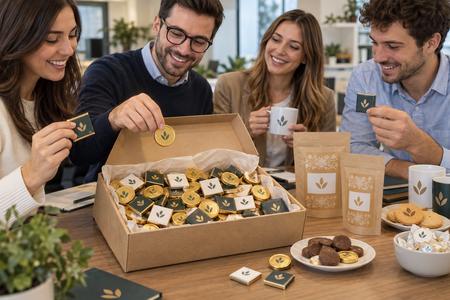Bedruckte Schokolade, die Kollegen im Büro miteinander teilen