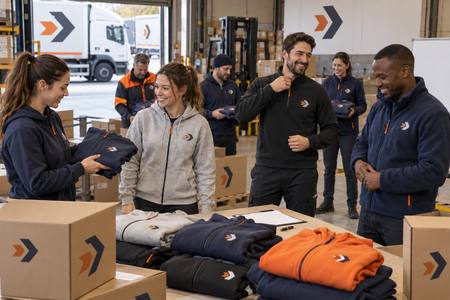 Bedruckte Sweatjacken für Mitarbeitende eines Logistikunternehmens